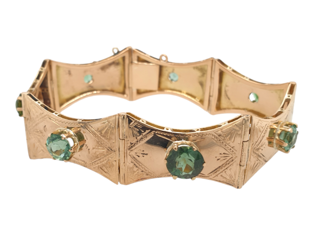 18 Karaat gouden schakelarmband met groene tourmalijn. #27937